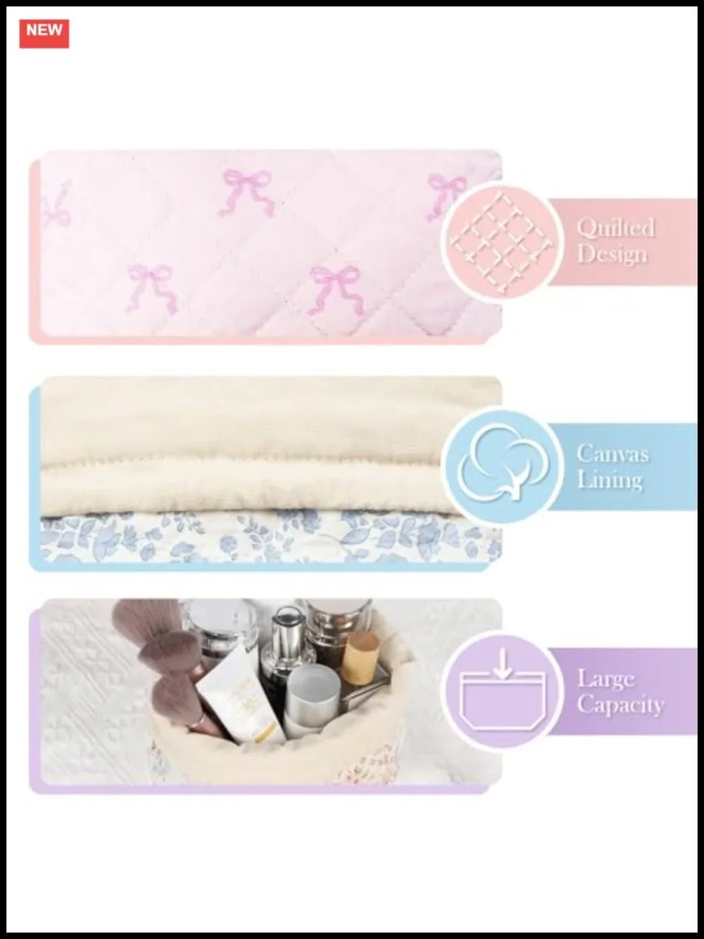 Quilted Drawstring Makeup Bag Canvas Cosmetic Pouch Travel Organizer